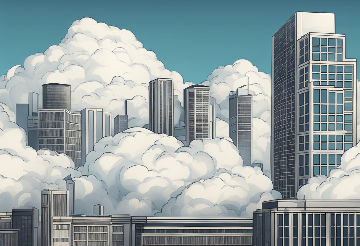 A cloud hovering over a modern city skyline, casting a shadow over traditional server racks