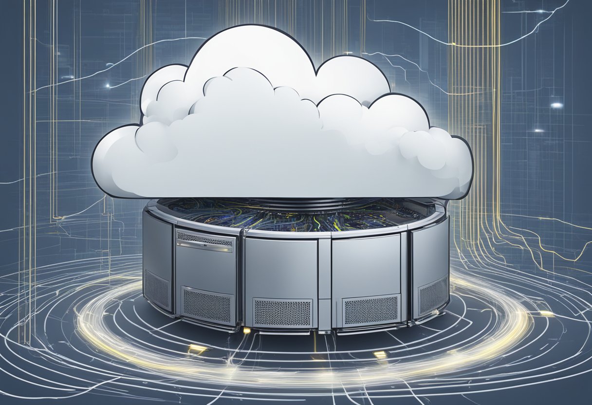 A cloud hovering over a traditional server, with lightning striking the cloud and data flowing into the server