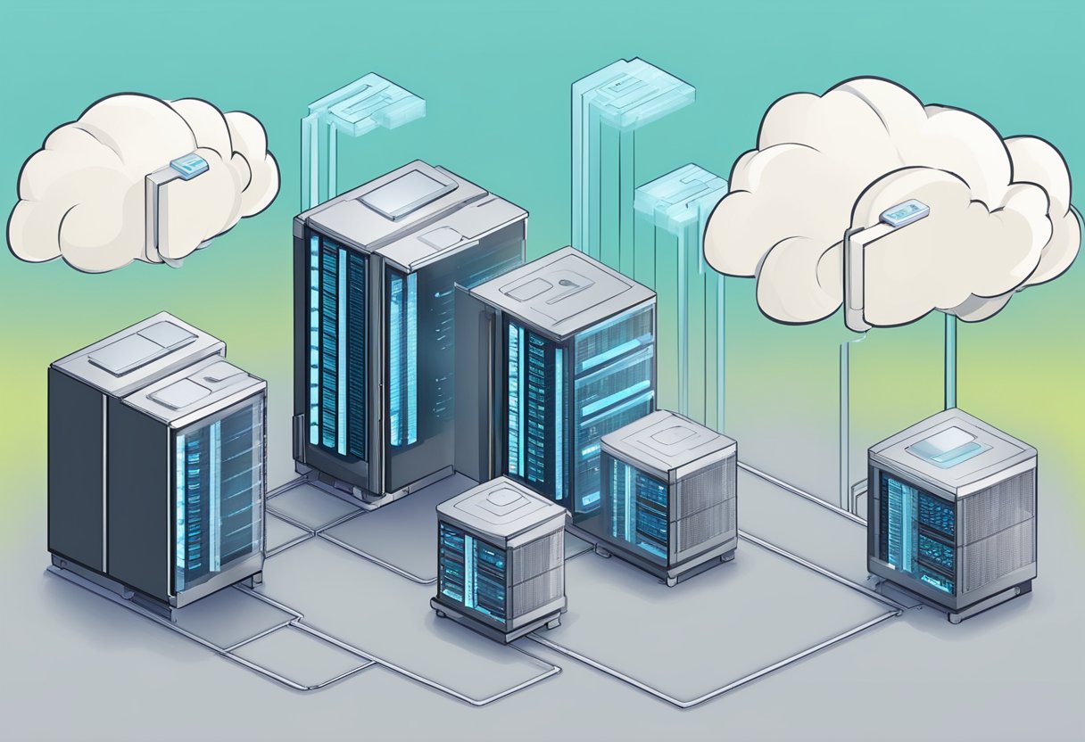 A cloud server towering over traditional web servers, with a scale balancing performance and scalability