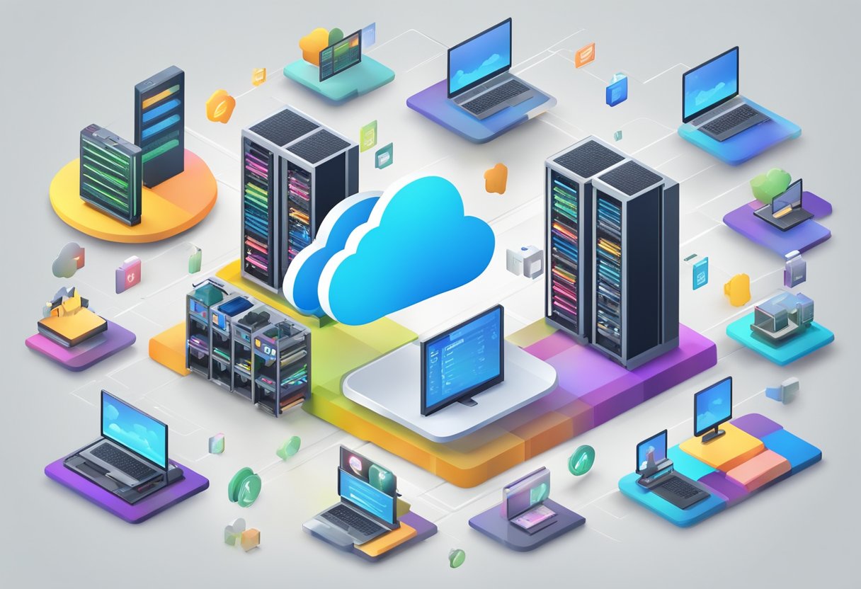 A colorful array of cloud icons with various features, surrounded by a selection of server racks, and a checklist of criteria for choosing a cloud hosting provider