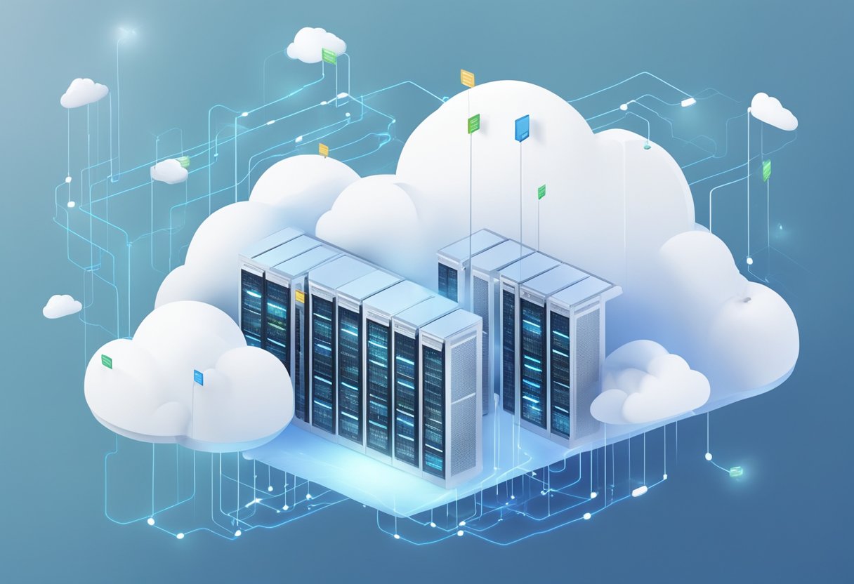 A server floating in a cloud with various data streams connecting to it, representing the concept of cloud hosting