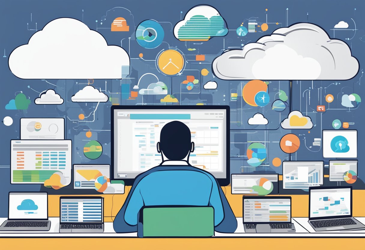 A person comparing cloud providers on a computer, surrounded by various cloud logos and charts