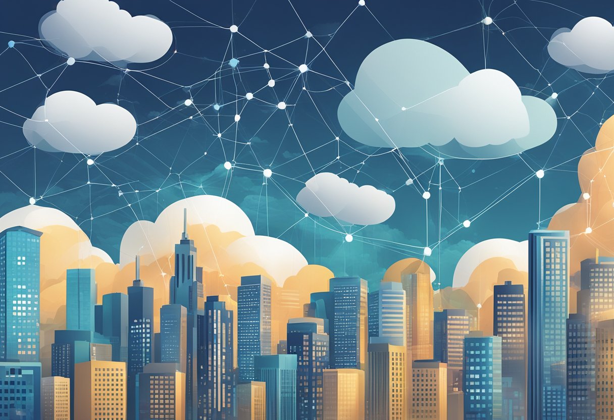 A network of interconnected clouds hovering over a city skyline, symbolizing the integration and impact of cloud hosting in digital transformation