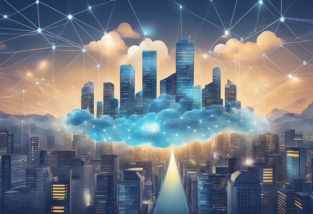 A network of interconnected clouds hovering over a cityscape, representing the essential role of cloud hosting in digital transformation