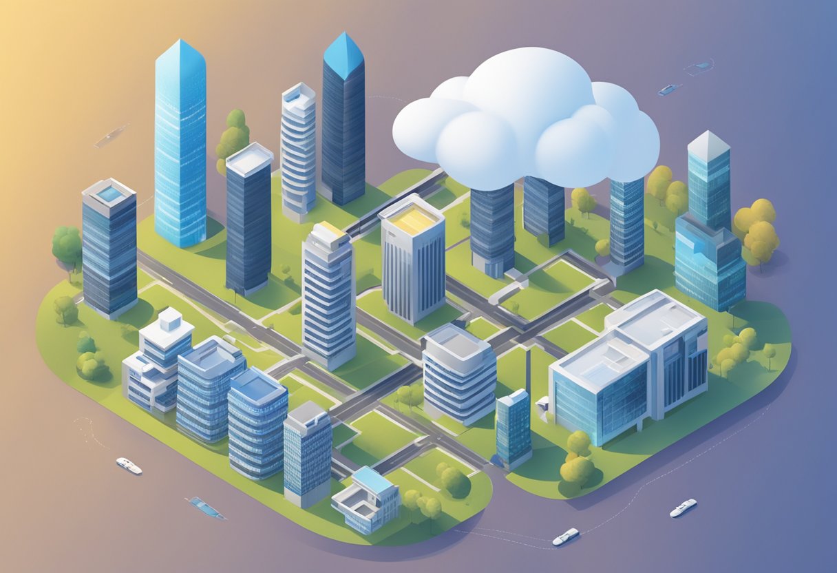 A cloud hovering over three interconnected buildings, representing SaaS, IaaS, and PaaS. Each building is labeled with its respective acronym