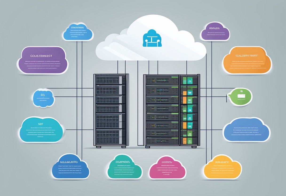 A server rack with multiple cloud hosting solutions, each labeled with key features such as scalability, security, and reliability