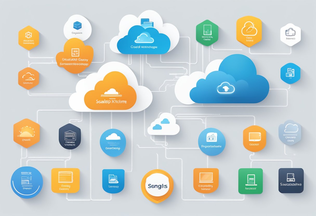 Multiple cloud hosting providers' logos displayed with key features listed, including scalability, security, uptime, and storage options