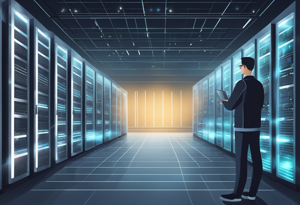 A computer server sits in a sleek, modern data center, surrounded by rows of blinking lights and cables. A technician monitors the system on a screen, ensuring smooth operation