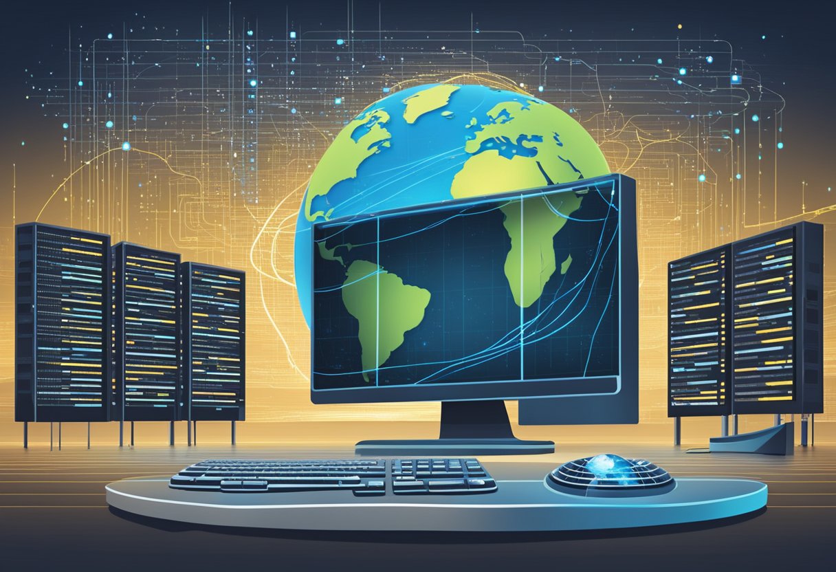 A computer server with a globe and a domain name hovering above it, surrounded by binary code and data streams