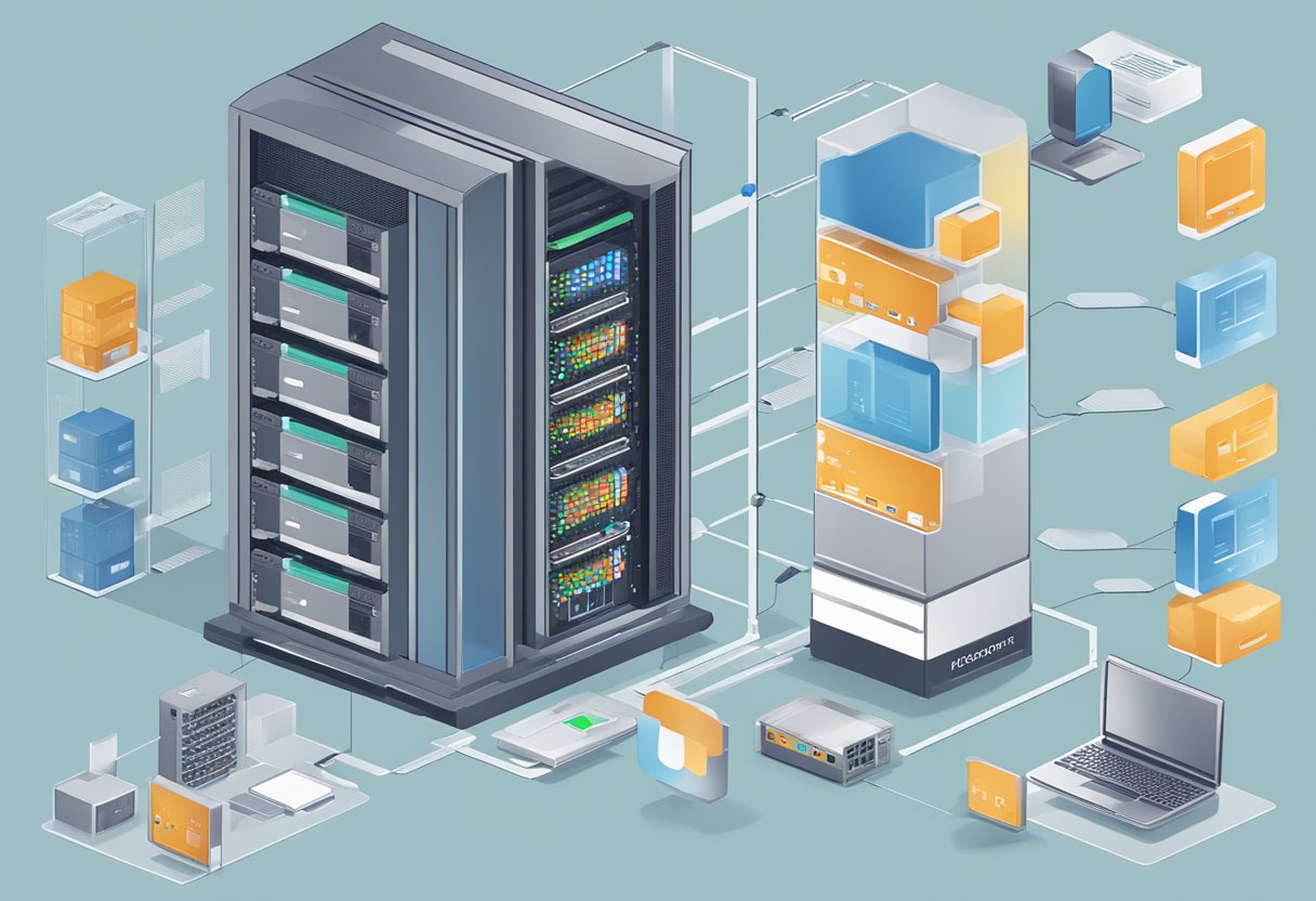 A computer server with four sections labeled: Shared, VPS, Dedicated, and Cloud. Each section shows different hardware and resources