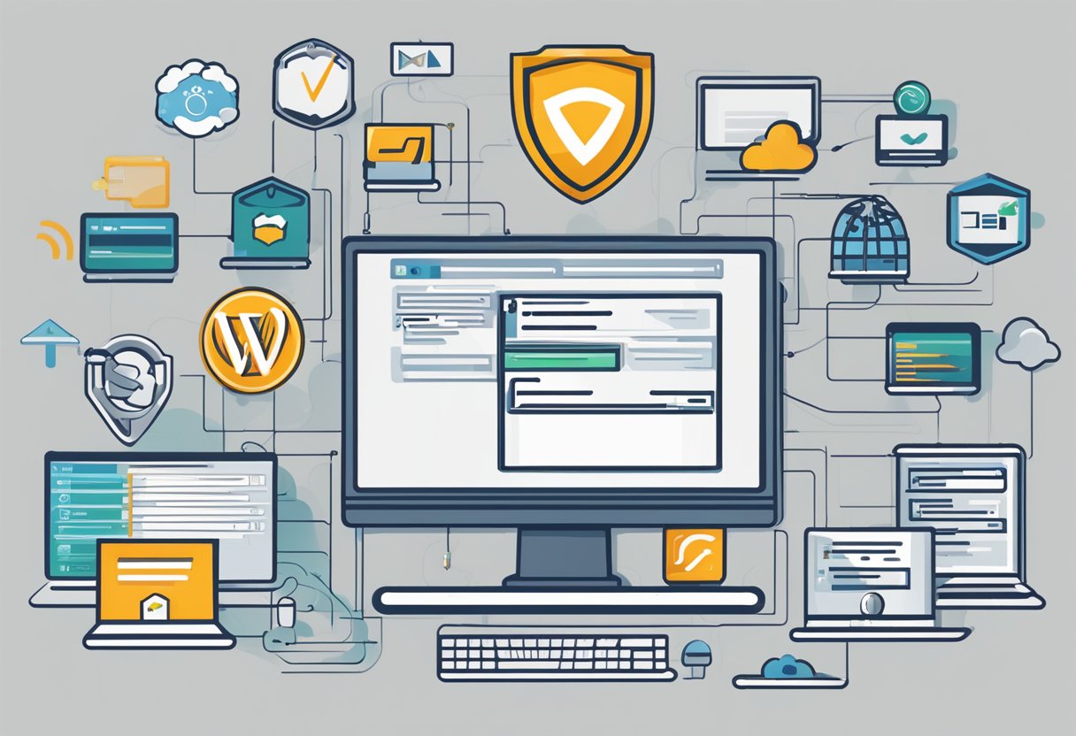 A computer screen displaying various web hosting providers' logos and features, with a checklist of important factors such as reliability, speed, security, and customer support