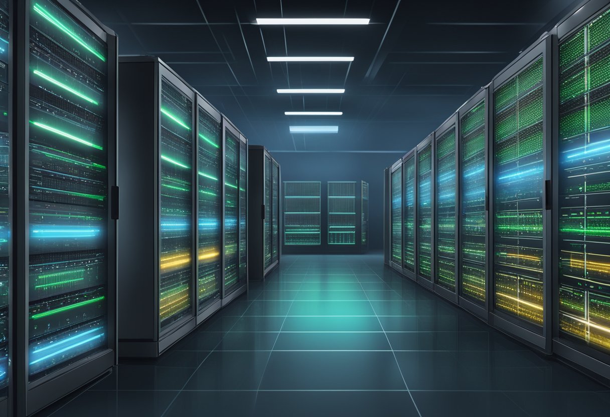 A server room with rows of racks filled with blinking servers, accompanied by a monitoring station displaying performance metrics and reliability indicators