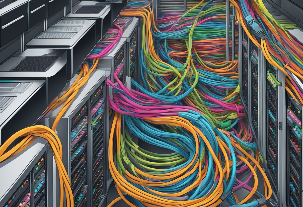 A server room with rows of neatly organized, blinking servers, connected by a tangle of colorful cables. A digital display shows 100% uptime