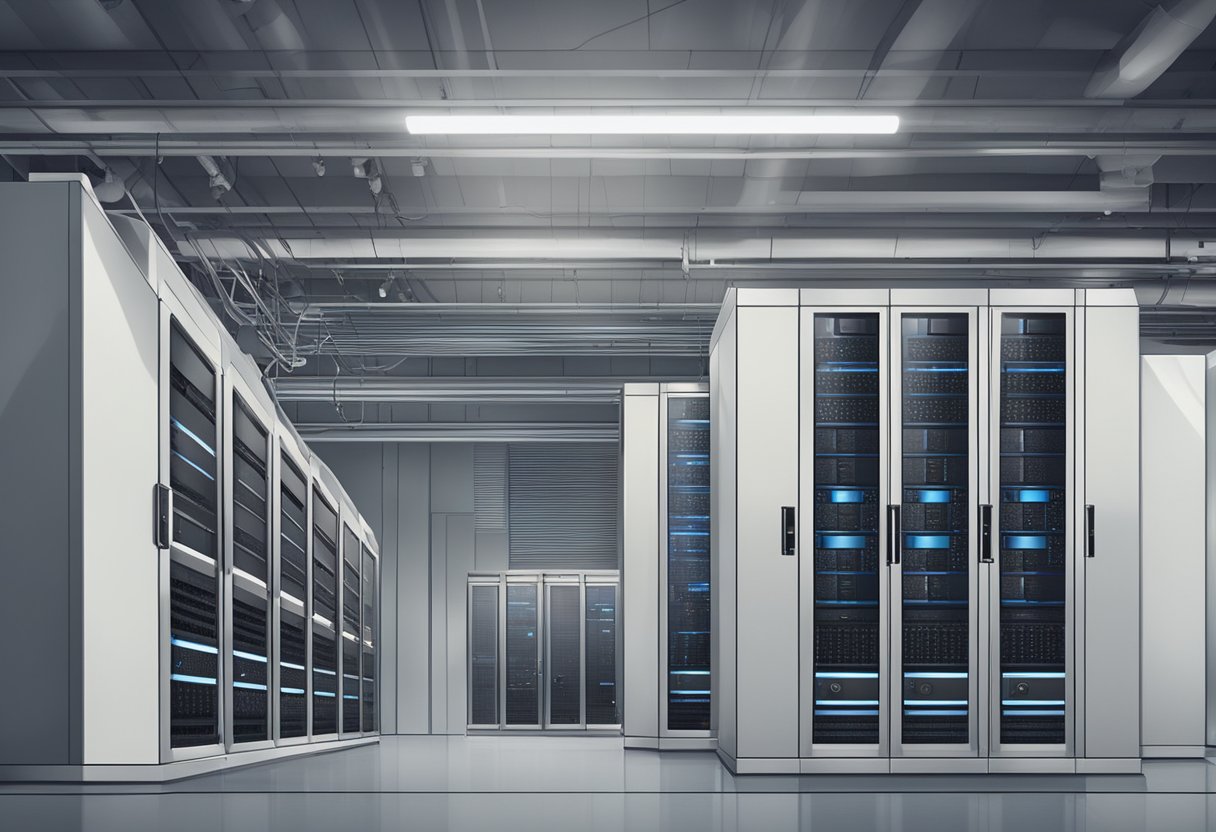 A server room with multiple backup power sources and cooling systems to ensure uptime and reliability in web hosting