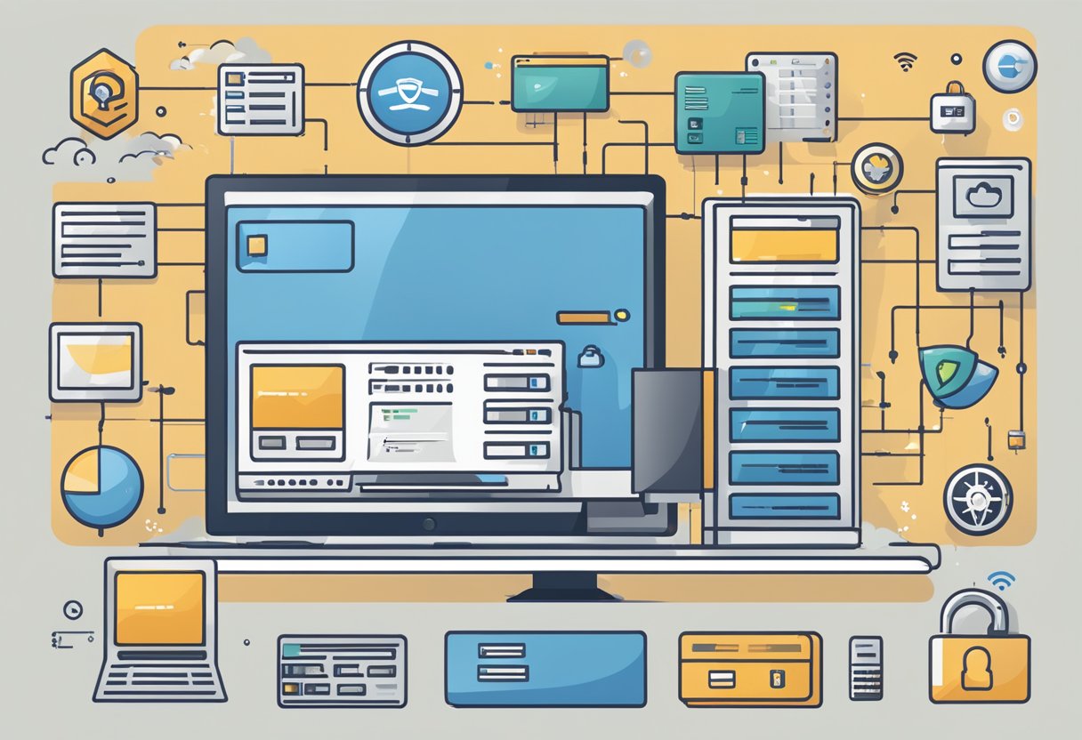 A computer screen displaying various web hosting features, surrounded by icons representing security, speed, reliability, and support