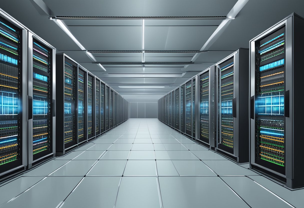 A server room with rows of racks holding servers, connected by cables. A control panel displays data on network activity and performance