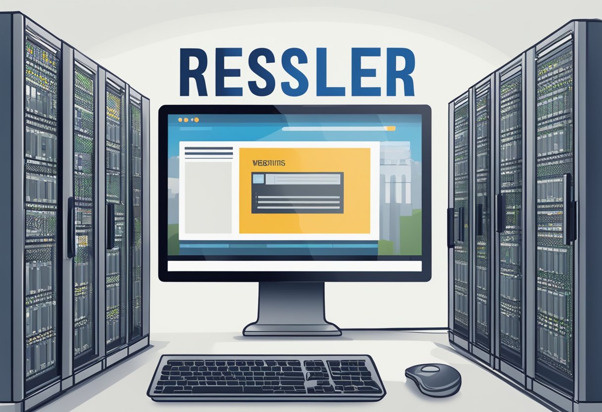 A computer screen displaying a website with the words "Reseller Web Hosting" in bold letters. A network of servers and data centers in the background