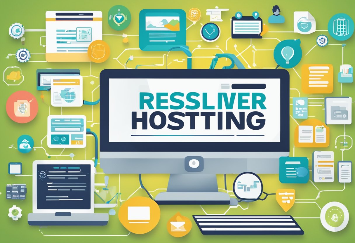 A computer screen displaying a website with the words "Reseller Web Hosting Benefits for Entrepreneurs" highlighted in bold, surrounded by icons representing various business tools and services