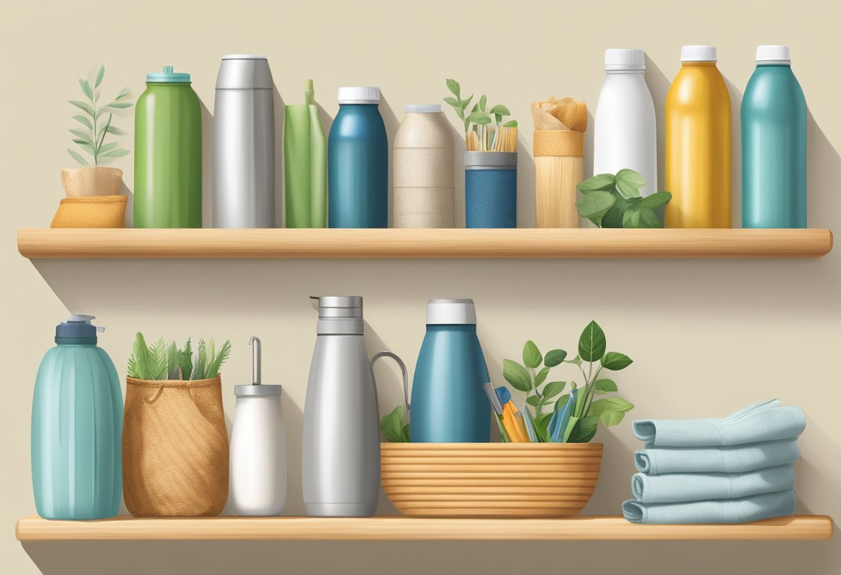 Various zero waste products arranged on a sustainable bamboo shelf, including reusable water bottles, metal straws, cloth produce bags, and compostable toothbrushes