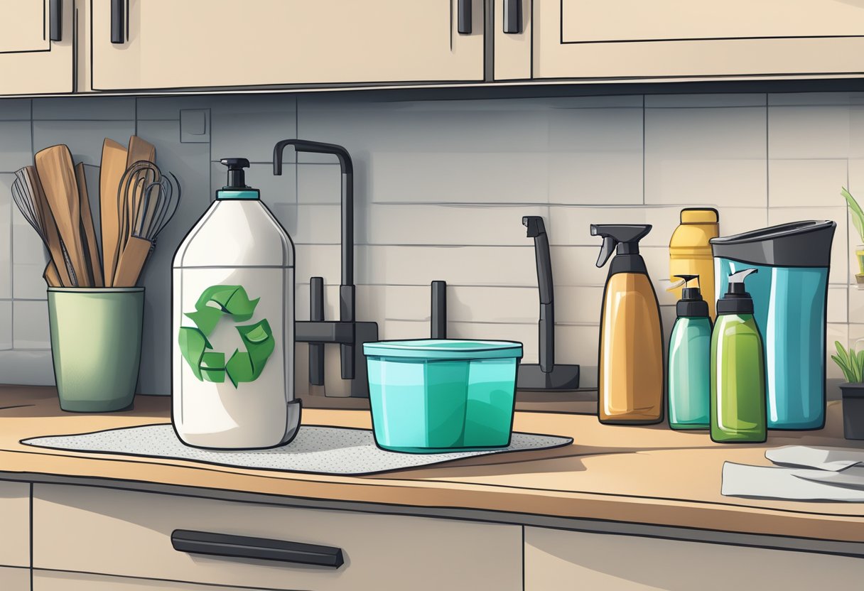 A kitchen counter with reusable cleaning cloths, glass spray bottles, and natural cleaning solutions. A compost bin and recycling bins nearby