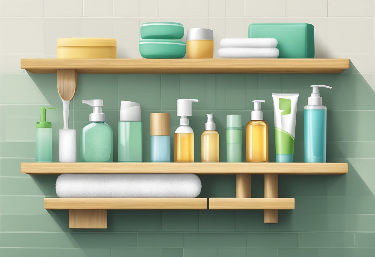 A bathroom shelf with bamboo toothbrush, reusable cotton pads, and refillable shampoo and soap dispensers