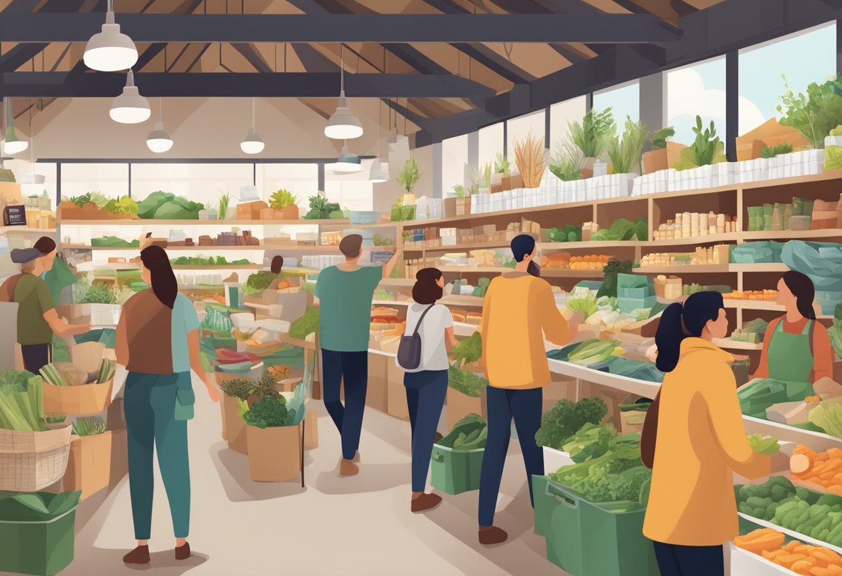 A bustling market with shelves full of eco-friendly, zero waste products. Customers carry reusable bags and containers, supporting sustainable living