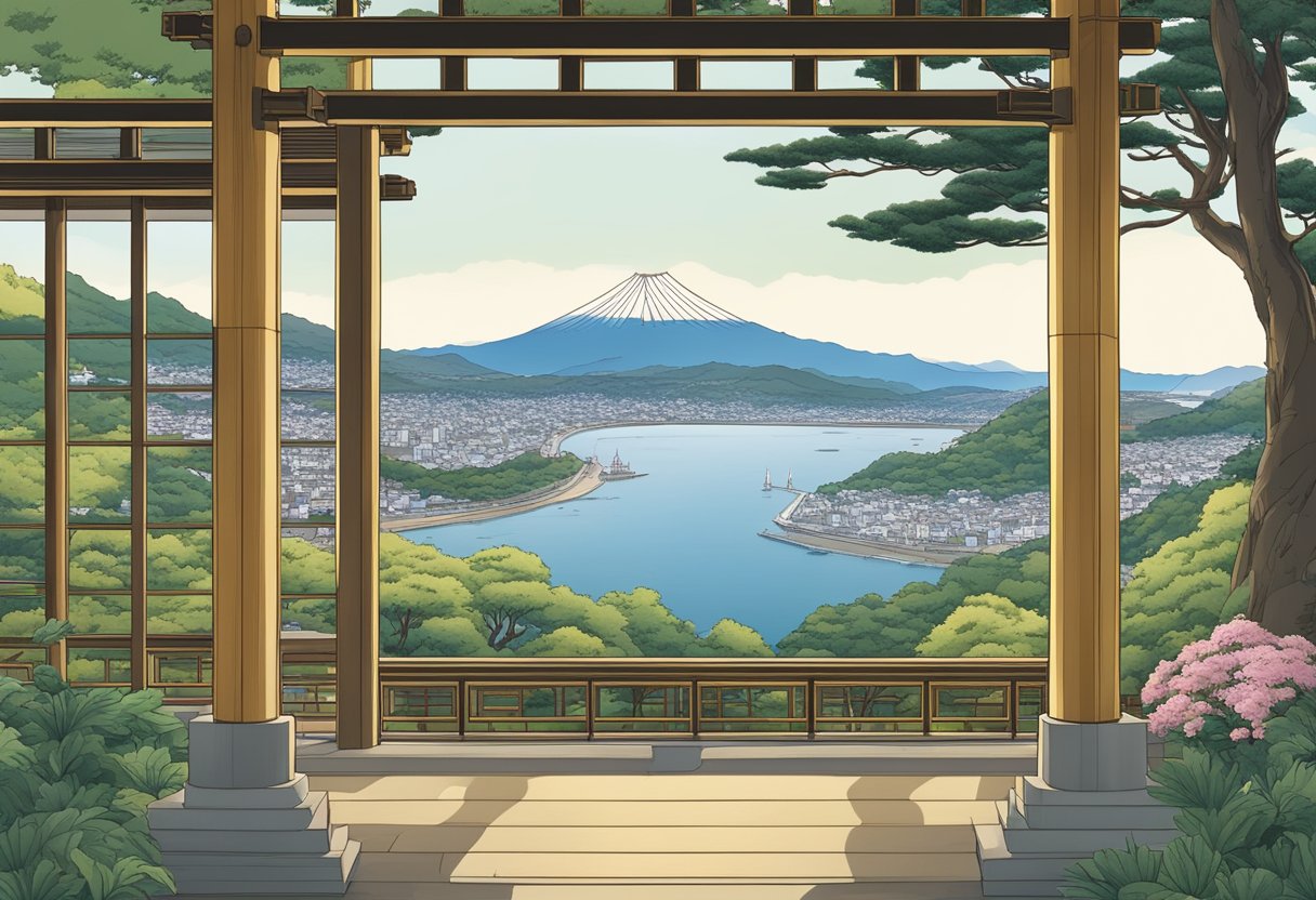 Panoramic view of Kamakura's iconic landmarks and natural beauty, including temples, shrines, and the serene coastline