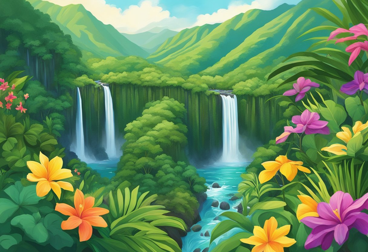 Lush green valleys, cascading waterfalls, and colorful flora in Kamakua