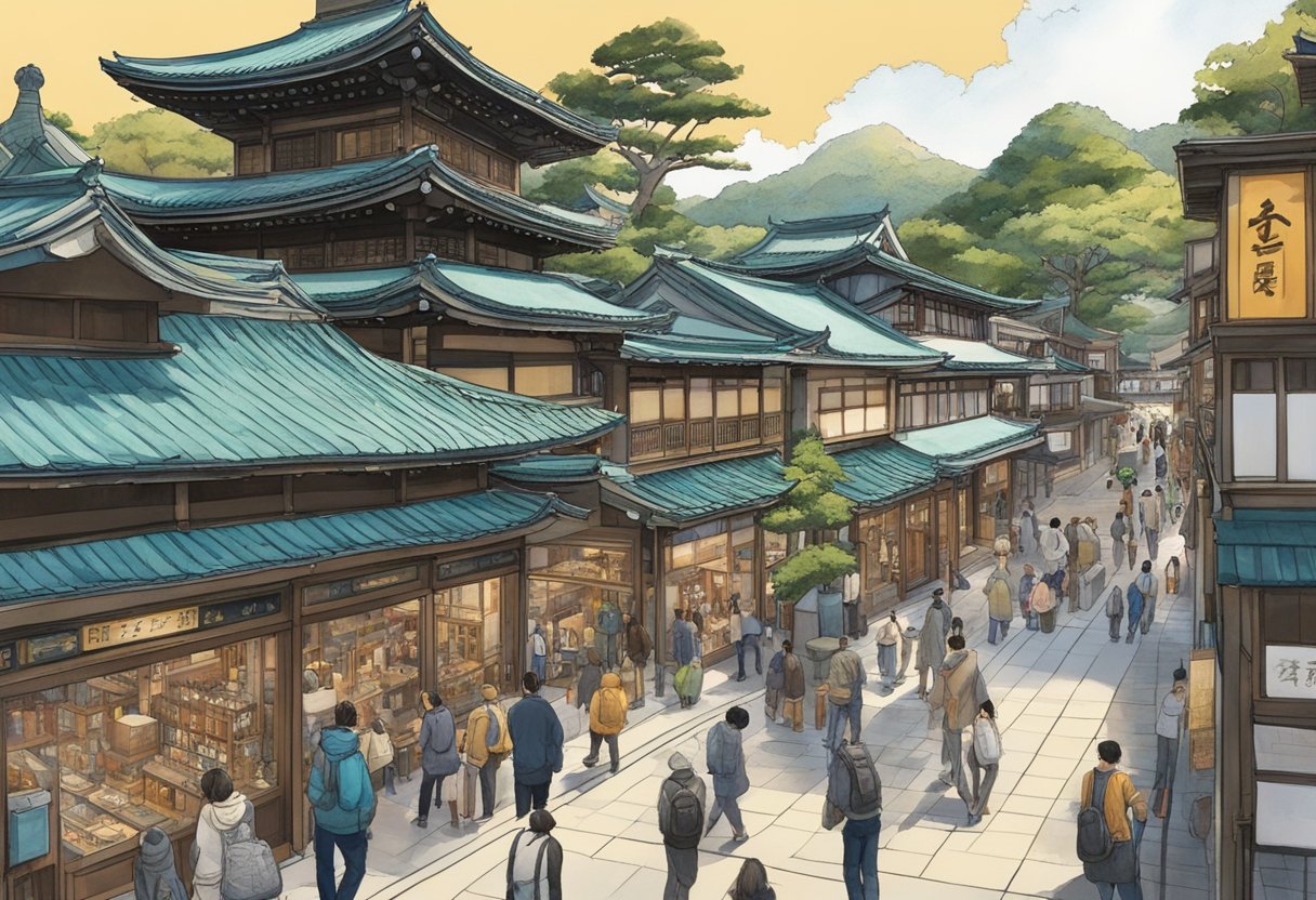 A bustling museum and gallery district in Kamakura, with vibrant art, sculptures, and historical artifacts on display