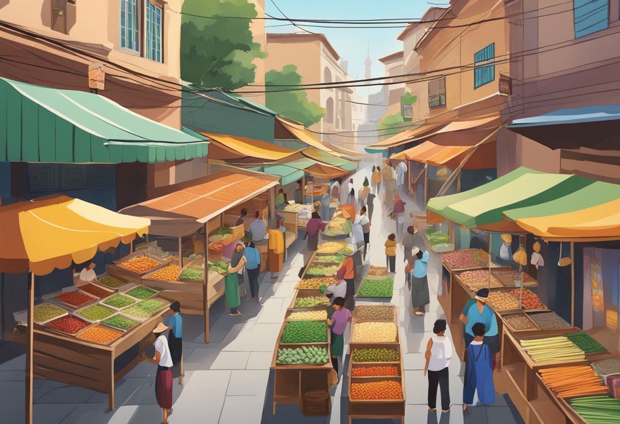 Colorful market stalls line the bustling street, offering fresh produce and local delicacies. Aromatic street food vendors tempt passersby with sizzling skewers and steaming bowls of noodles