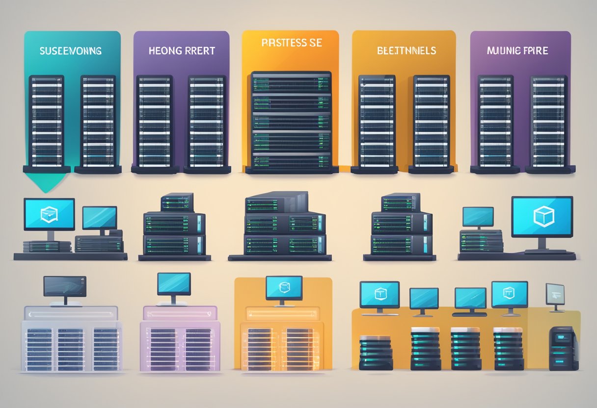 A web hosting company's pricing chart with tiered options and features displayed, surrounded by computer screens and servers