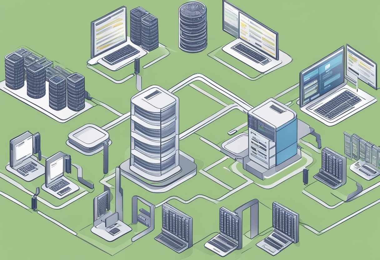 A web hosting server surrounded by different pricing strategies, with labels such as "tiered pricing," "pay-as-you-go," and "volume discount."