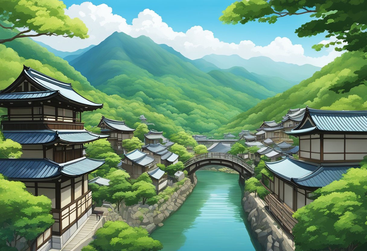 Lush green mountains overlook traditional Japanese buildings in Chichibu. A serene river flows through the town, with a majestic shrine in the distance