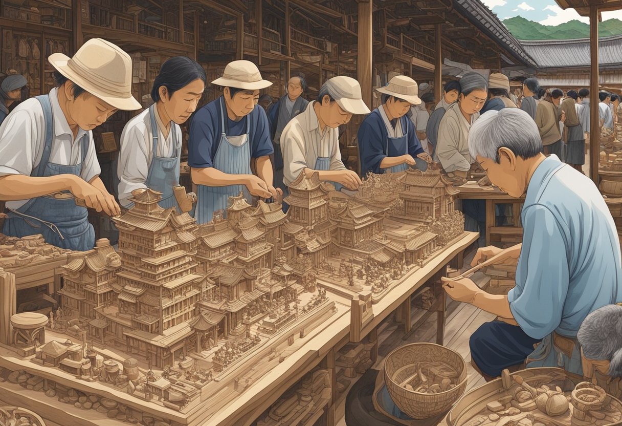 A skilled artisan carves intricate wooden souvenirs in a bustling Chichibu marketplace. Visitors admire the craftsmanship on display