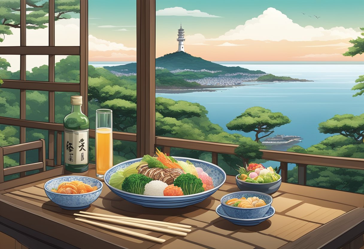 A table set with traditional Japanese cuisine, overlooking the ocean and Enoshima island with its iconic lighthouse and lush greenery
