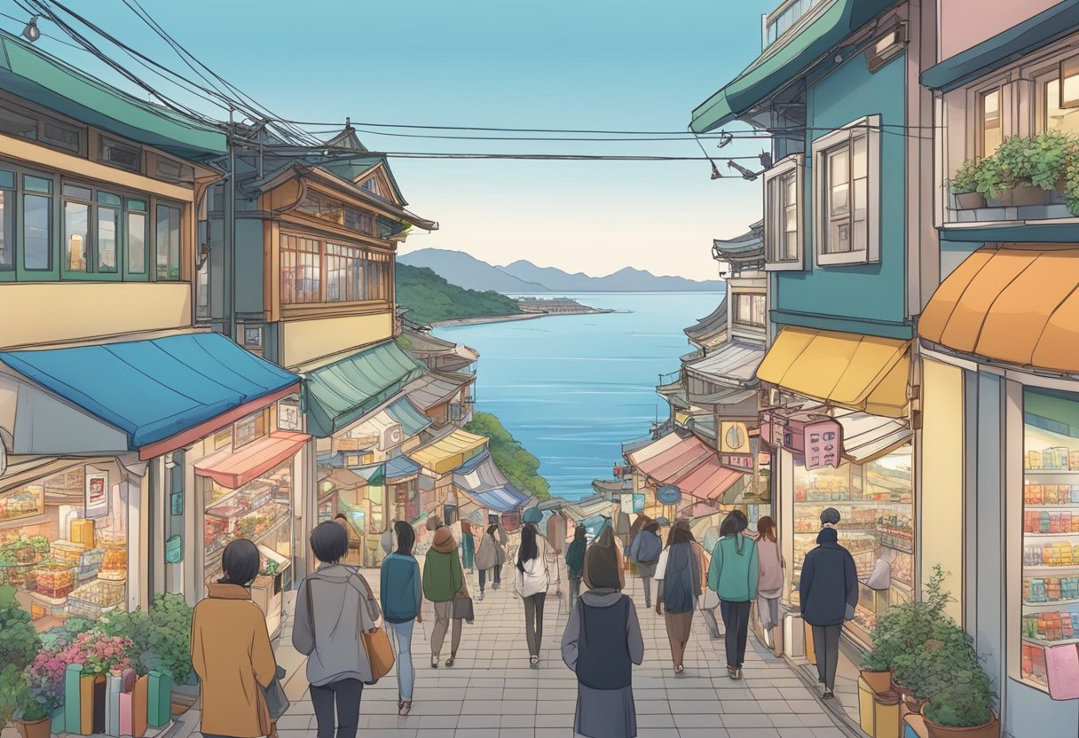 People browsing shops on Enoshima, with colorful storefronts and a view of the ocean in the background