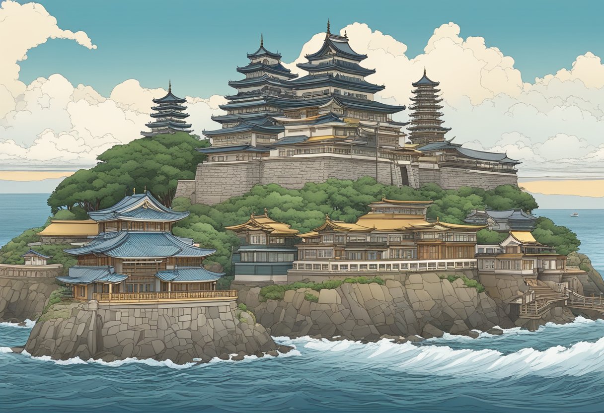 Enoshima Historical Monuments stand tall against the backdrop of the serene ocean, with intricate details and ancient architecture