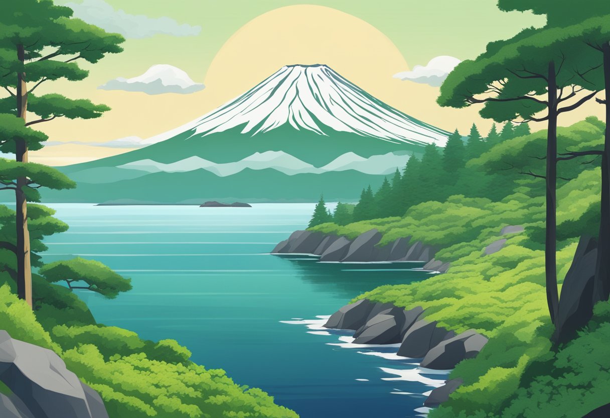 Lush greenery, winding paths, and a serene lake with Mount Fuji in the distance. Rocky cliffs and crashing waves along the coastline