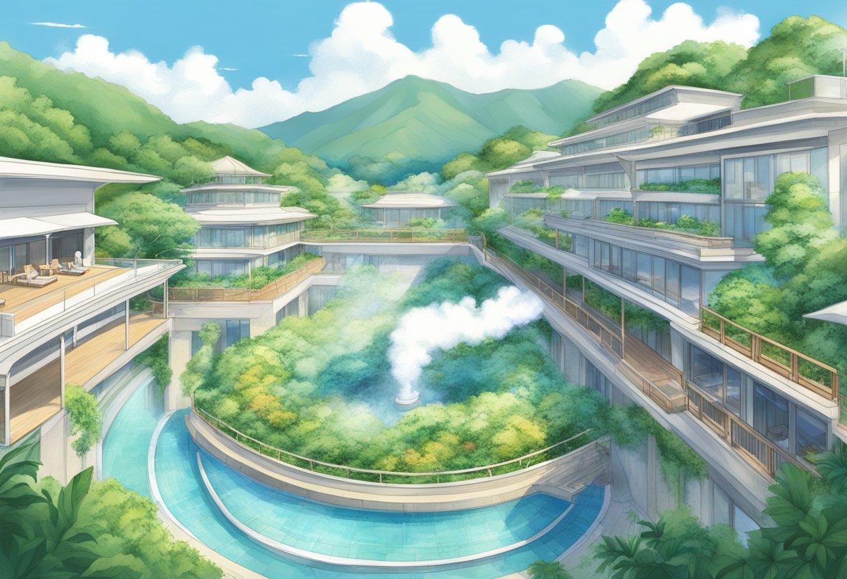 Steam rises from bubbling thermal springs surrounded by lush greenery in Atami. Relaxing spas offer panoramic views of the coastal town