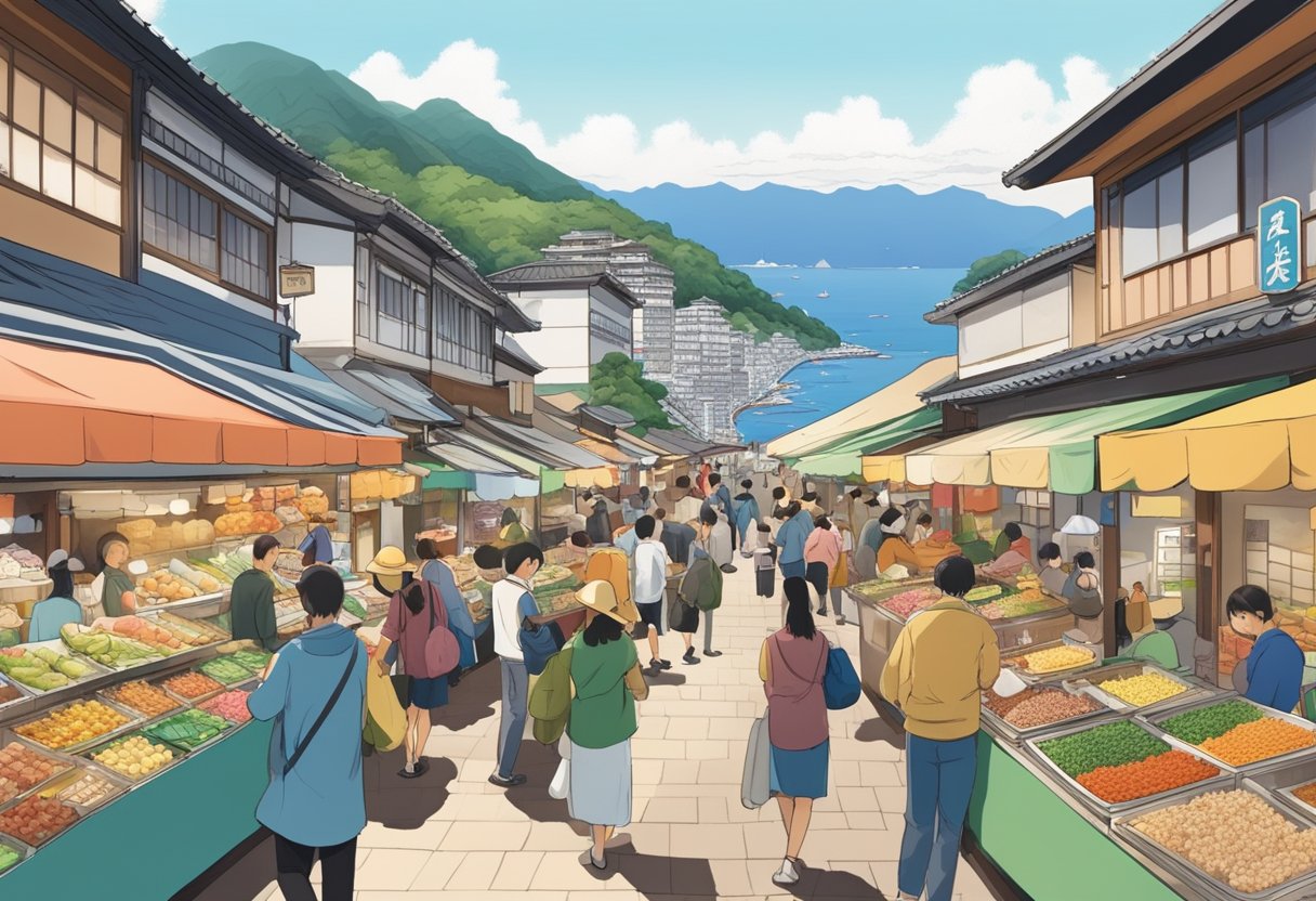A bustling food market with colorful stalls and diverse cuisines, surrounded by scenic views of the ocean and mountains in Atami