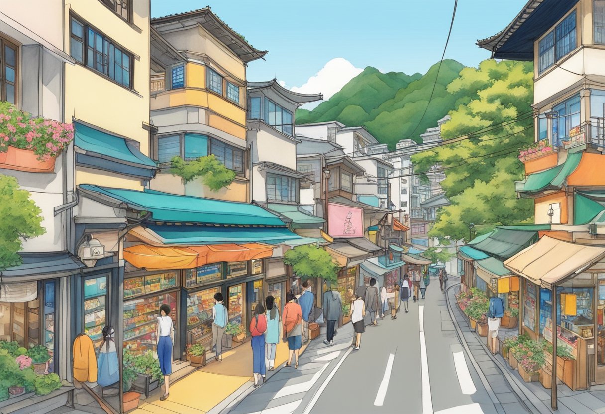 Vibrant storefronts line the bustling streets of Atami, with colorful signage and inviting displays drawing in eager shoppers. The picturesque town is surrounded by lush greenery and overlooks the sparkling ocean