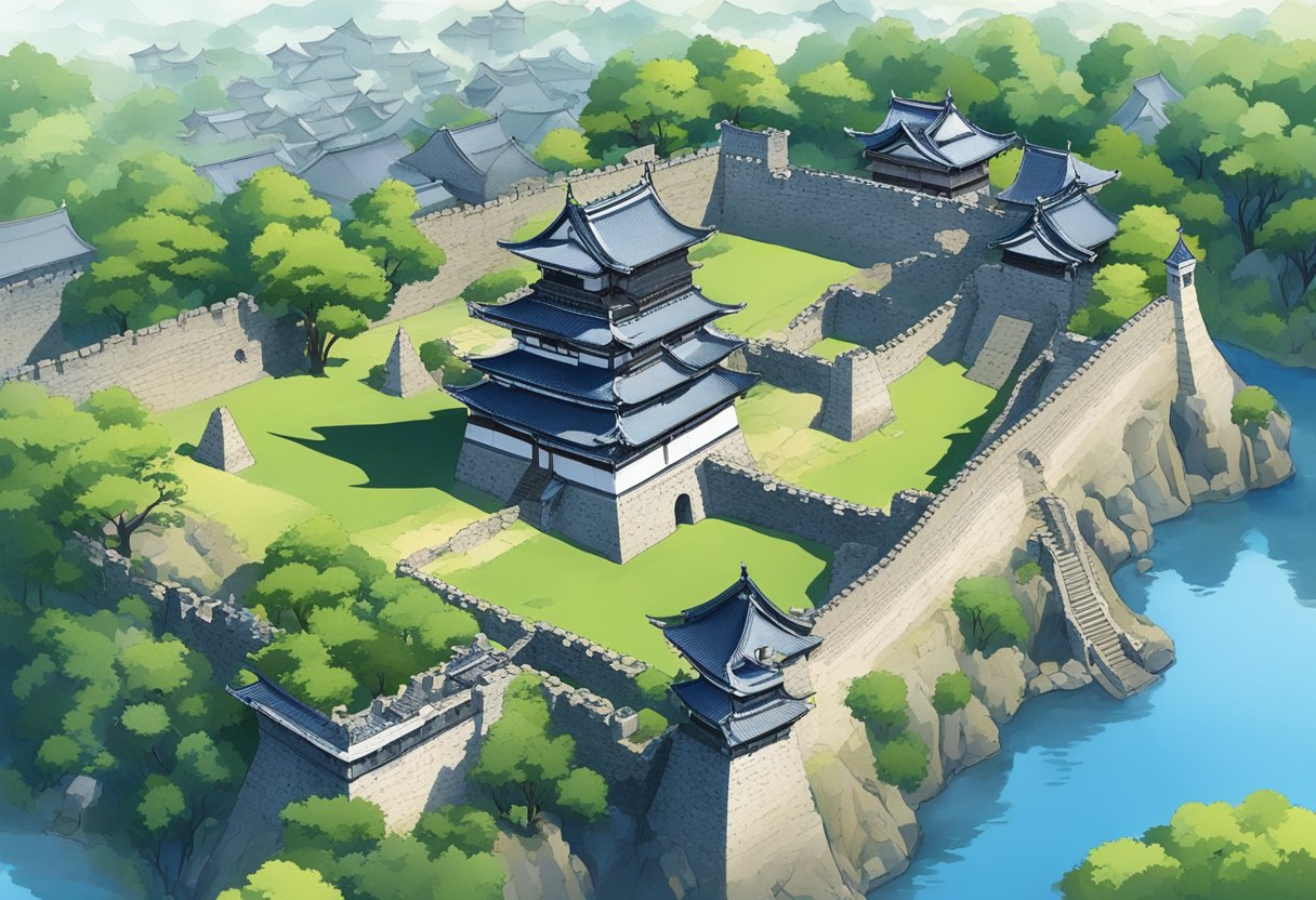 The Kawagoe Castle Ruins stand tall against the clear blue sky, surrounded by vibrant greenery and a moat. The ancient stone walls and turrets evoke a sense of history and grandeur