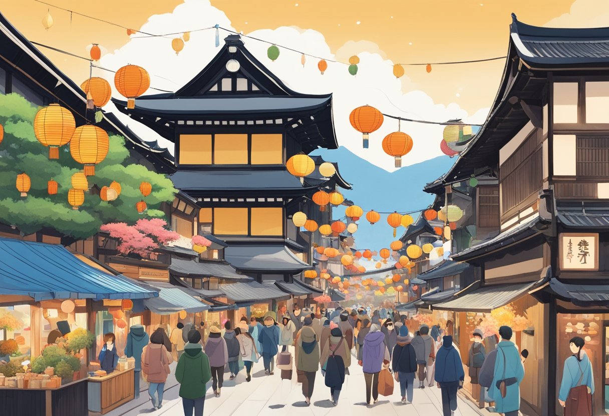 A bustling street filled with colorful festival stalls, traditional Japanese architecture, and cheerful locals celebrating seasonal events in Kawagoe