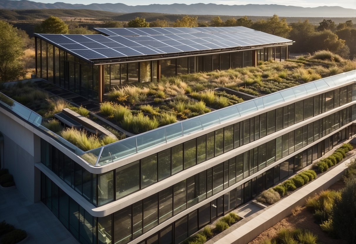 A modern, eco-friendly building with solar panels, green roofs, and large windows. Surrounding landscape features native plants and water-saving irrigation systems