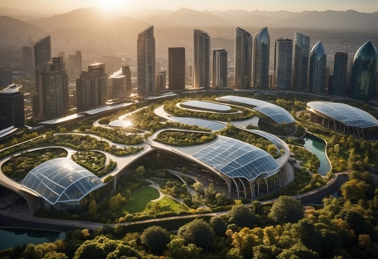 A city skyline with diverse sustainable buildings, incorporating green roofs, solar panels, and natural ventilation, surrounded by lush landscaping and water features