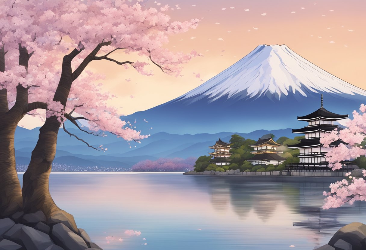 Mount Fuji towering over the serene Lake Kawaguchiko, with cherry blossom trees in full bloom and traditional Japanese architecture in the background