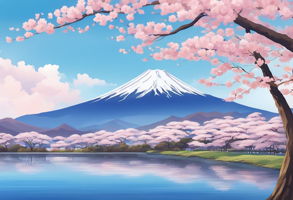 Vibrant cherry blossoms frame the serene waters of Lake Kawaguchiko, with the majestic Mount Fuji standing tall in the background against a clear blue sky