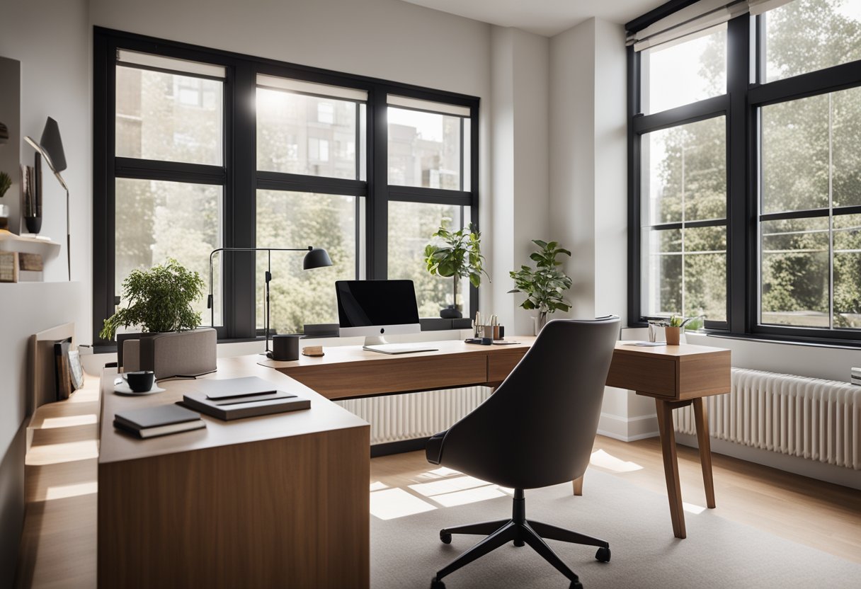 A modern desk with sleek storage solutions, a cozy chair, and natural light streaming in through a large window. A tidy and organized home office space with stylish decor and a welcoming atmosphere