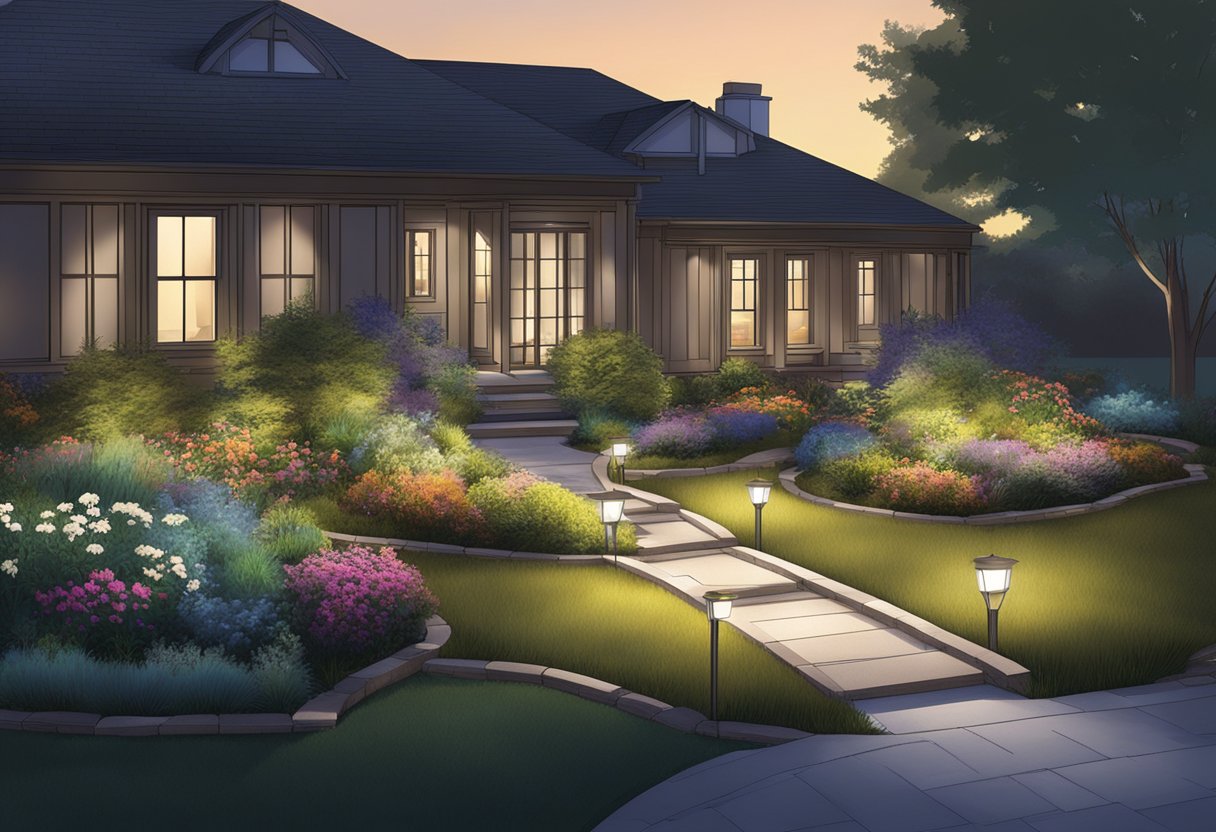 A garden with smart landscape lighting fixtures illuminating pathways and highlighting plant beds