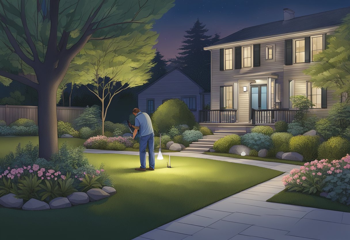 A technician installs and maintains smart landscape lighting in a garden at dusk